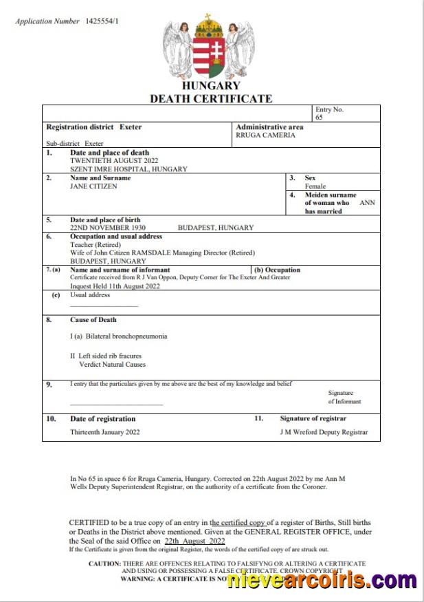 Hungary vital record death certificate